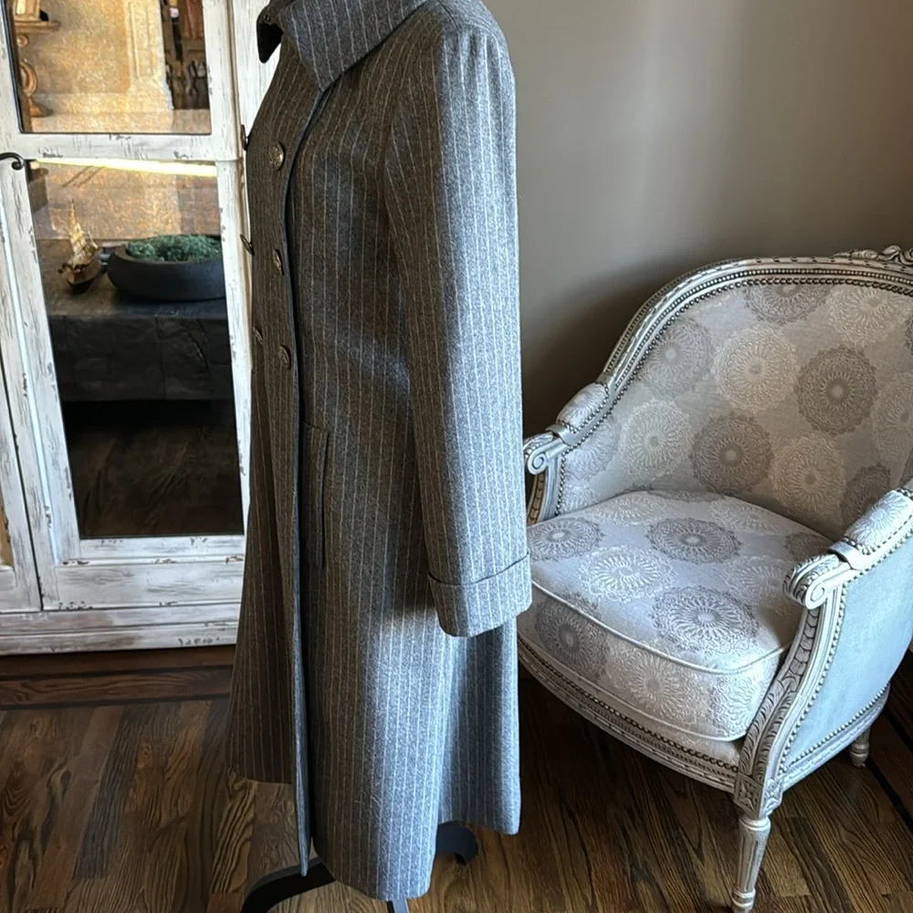 Chanel gray pinstripe wool coat jacket double breasted Hamburg trench gray sz 38